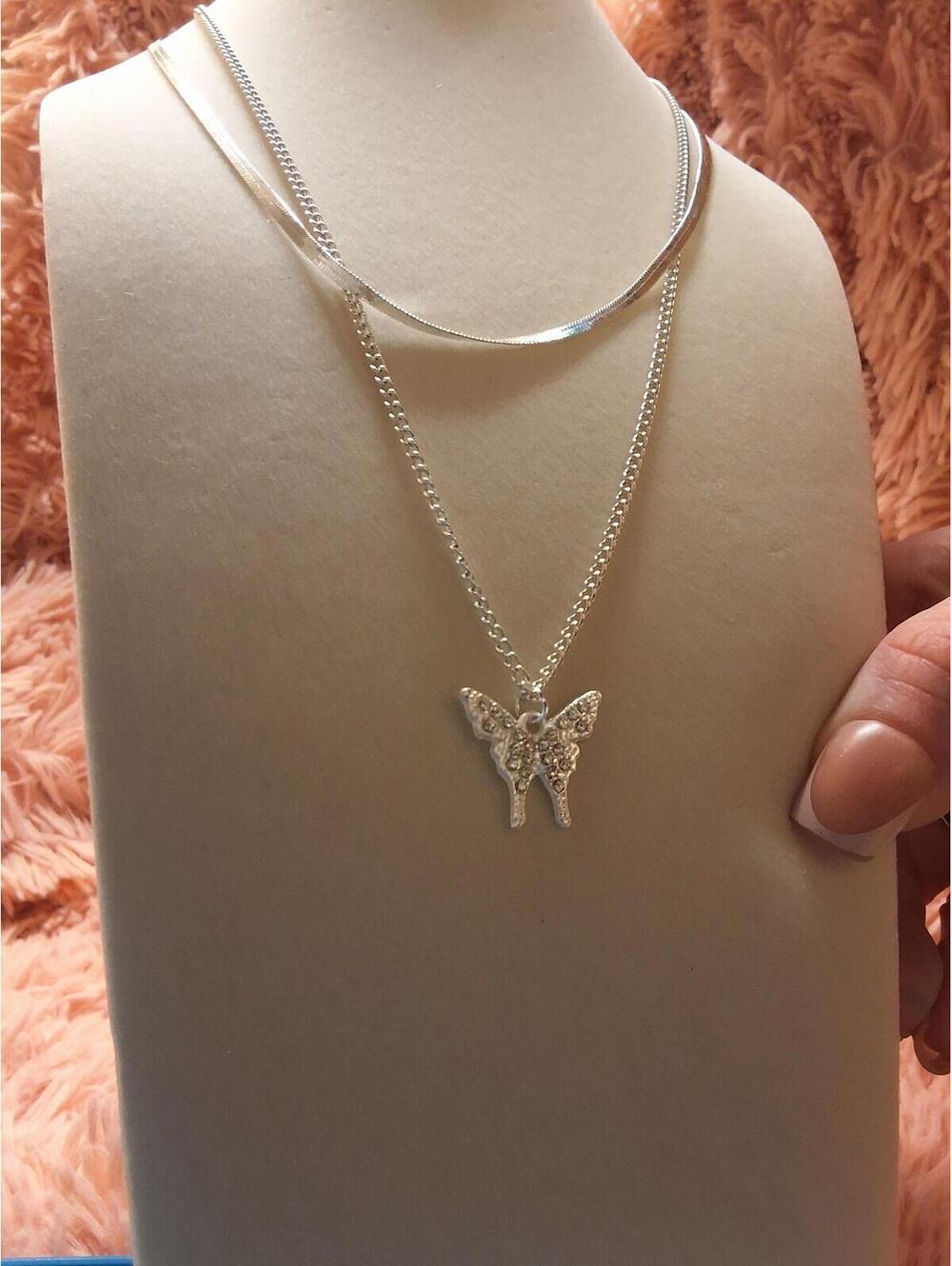 FASHION 2 LAYERED BUTTERFLY WITH HERRINGBONE NECKLACE silver